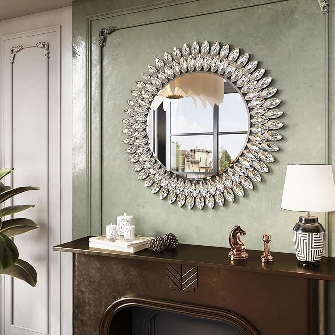 Kelly Miller Round Jeweled Decorative Mirror for Wall, 26 Inch Modern Bathroom Wall Mirror Luxury Vanity Mirror Diamond Mirror for Restroom Half Bath Living Room Bedroom Fireplace Mantle Hallway