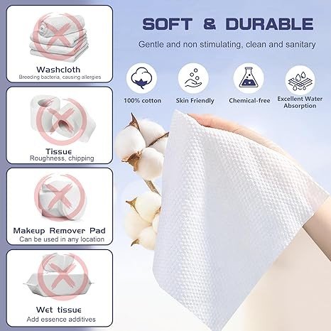 Disposable Face Towel, 200 Count Face Clean Towels, for Washing Soft Cotton Dry Wipes Facial Cloths Towelettes for Washing and Drying, Facial Tissue for Cleansing, Skincare and Makeup Remover