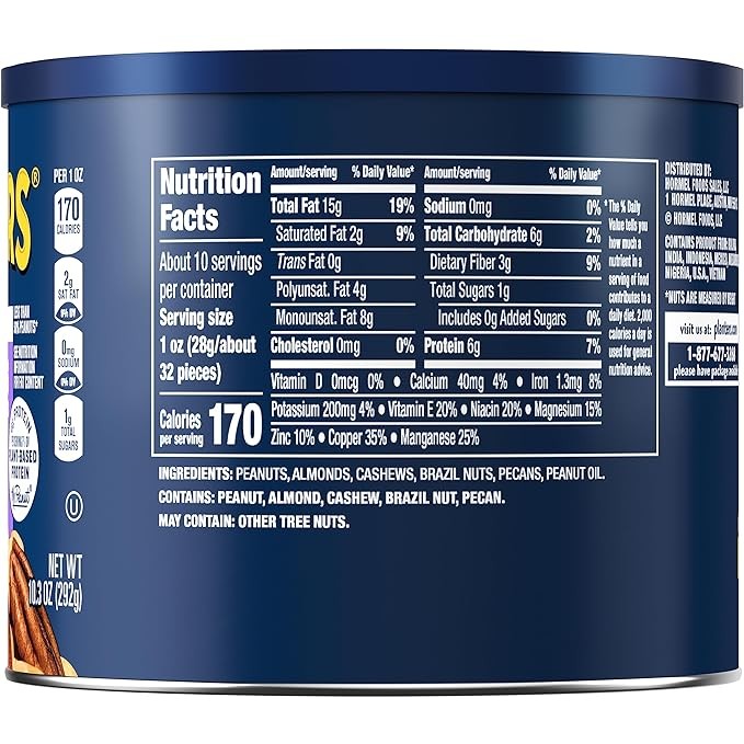 PLANTERS Roasted Unsalted Mixed Nuts, 10.3 oz Canister
