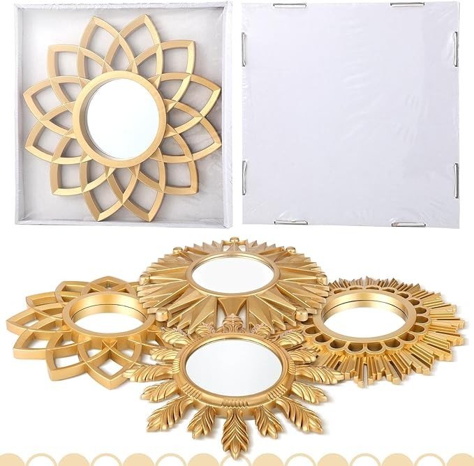 Set of 4 Gold Mirrors for Wall Decor Small Circle Flowers Mirrors Decorative Gold Hanging Wall Art Flowers Mirror for Home Living Dinning Room Bedroom Bathroom Entryway Boho Decoration Art Gifts