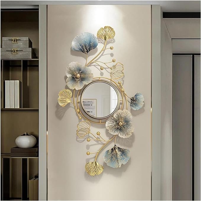 Hoernflk Large Wall Decorative Mirror for Living Room,Creative Wall-Mounted Metal Ginkgo Leaf Hanging Wall Mirror for Bedroom Entryway Dining Room,32 * 19IN