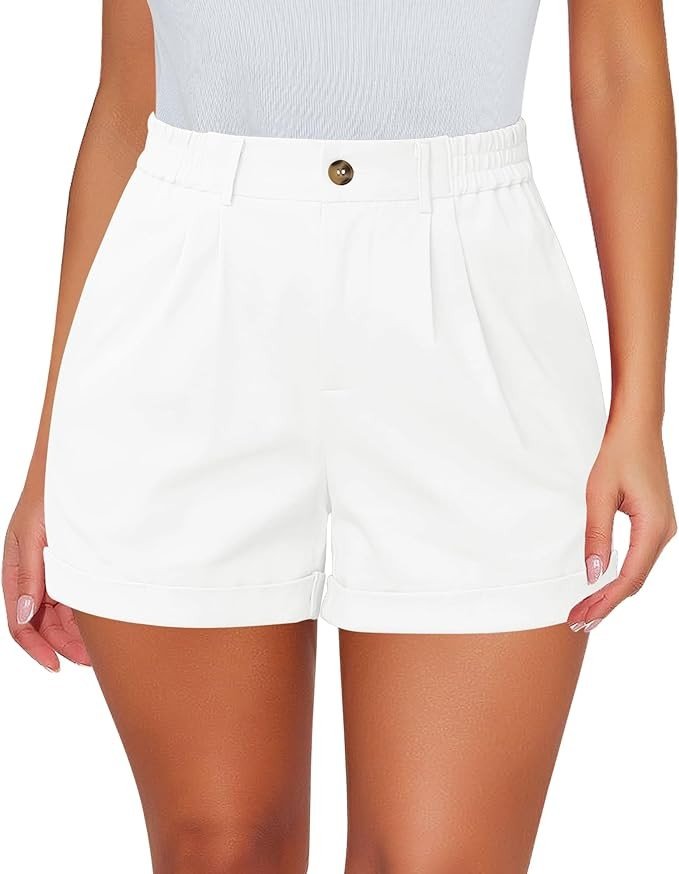 luvamia Shorts for Women High Waisted Dressy Casual Cotton Stretch Twill Elastic Wasit Pleated Summer Shorts with Pocket