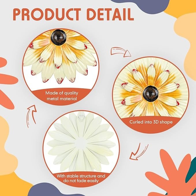 Zhehao 6 Pcs Metal Flower Wall Art Decor 8 Inch Sunflower Wall Decorations Hanging Outdoor Metal Wall Art Multicolored Handmade Metal Flowers Outdoor Decor (Elegant Color)