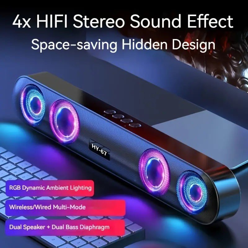 Wireless Speaker, 4 Sound Holes, 6D Surround Sound, Shocking Heavy Bass, RBG Color, Long Strip, Easy To Store And Save Space, Desktop Audio/computer Speaker/car Speaker/cycling Speaker/camping Speaker