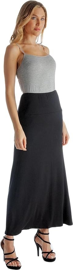 24seven Comfort Apparel Womens Casual Soft Knit Long Maxi Skirt Elastic Waist Wide A-Line Casual Ankle Length Skirts
