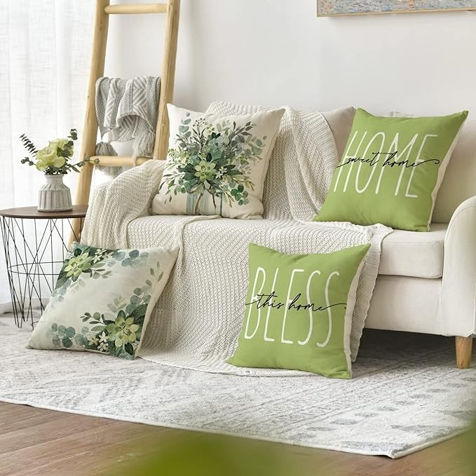 AVOIN colorlife Home Sweet Home Eucalyptus Leaves Green Throw Pillow Covers, 18x18 Inch Spring Summer Seasonal Decorations for Home Set of 4
