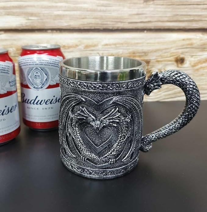 Dungeons and Dragons Gifts for Men/Women,Dnd Gaming Mugs-Novelty Gothic Game of Thrones Dragon Mug Cup for Medieval Party Decorations and Lovers-Stainless Beer Tankard Mug Double Dragon Coffee Mug