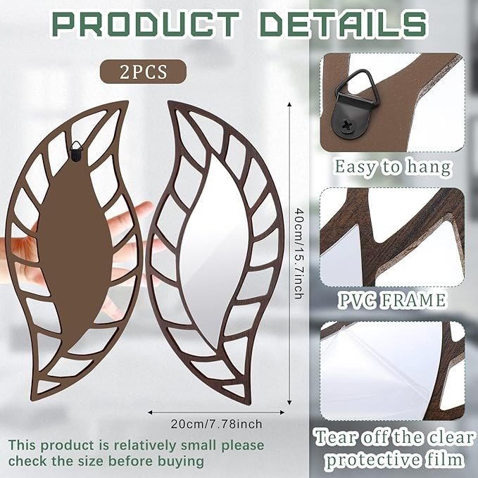 Roowest 2 Pcs Decorative Mirror Wall Decor Leaf Teardrop Mirror Wall Art Mirror Wall Mounted Decorations for Living Room Bedroom Bathroom Vanity Entryway Office(Brown)
