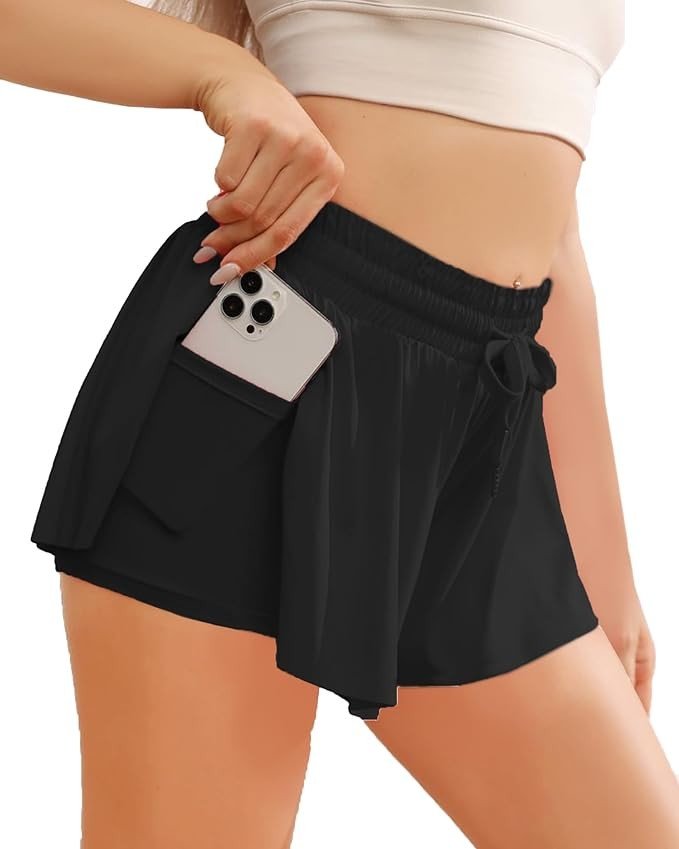 Wsirmet Flowy Shorts for Women Butterfly Shorts 2 in 1 Athletic Workout Gym Biker Running Shorts with Pockets