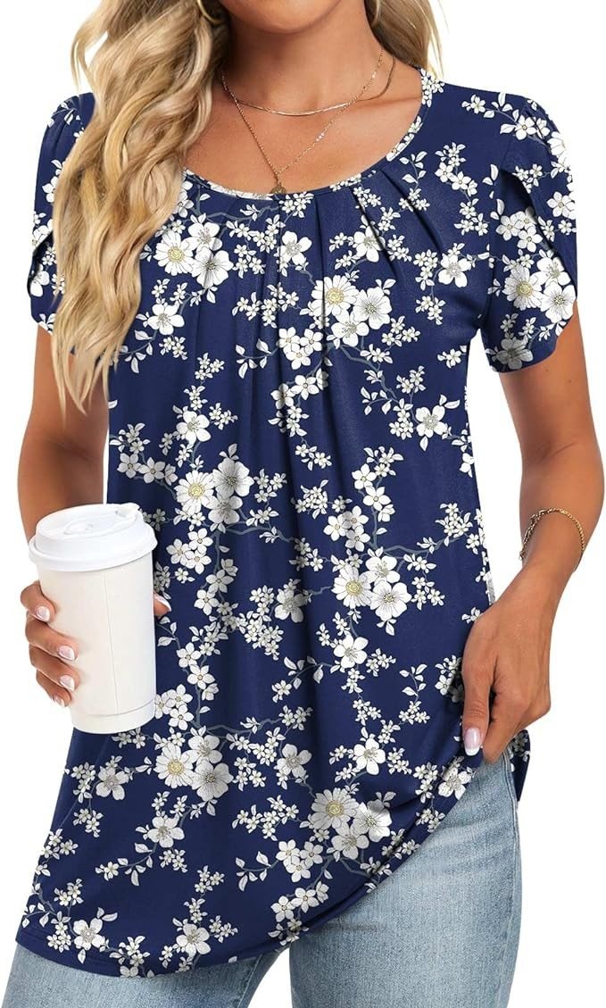 Anymeet Women's Tops 2024 Summer Tunic Short Petal Sleeve Casual Shirts Pleated Blouses for Leggings