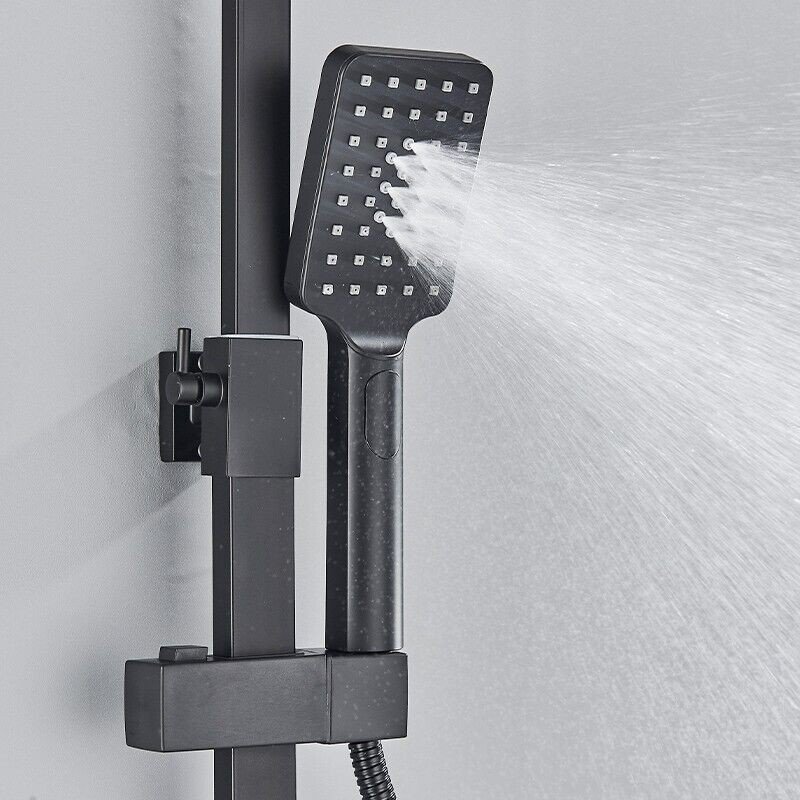Modern Exposed Black Shower Mixer Twin Head Bar Set Bathroom Square Valve Tap