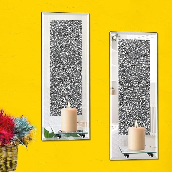 Phore Wall Candle Sconces Set of 2 Crystal Crush Diamond Mirrored Candle Holder Wall Decorations for Living Room, Dining Room, Bedroom & Bathroom