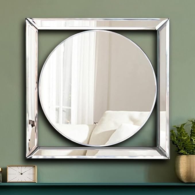 ALLARTONLY Square Mirrored Wall Decor Decorative Mirror Wall-Mounted Accent Mirrors 12x12� Mirror Elegant Bevel in Exquisite Craft. Middle Round Shape