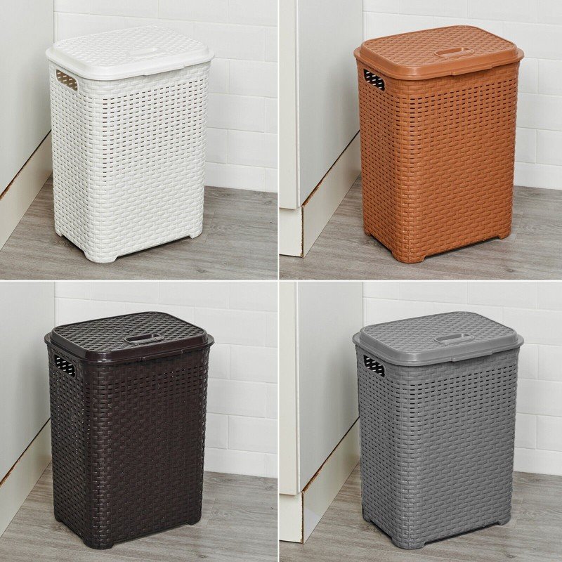 45/55L Plastic Rattan Dirty Laundry Clothes Washing Bin Basket Storage Organiser