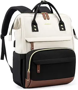 LOVEVOOK Laptop Backpack for Women, 15.6 Inch Work Business Backpacks Purse with USB Port, Large Capacity Educators Nurse Bag Backbag, Waterproof Casual Daypack for Travel,Black-White-Brown