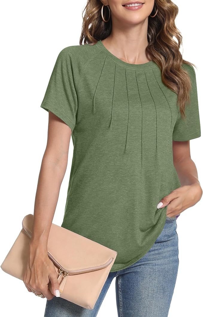 YSYOKOW Womens Summer Tops Casual Short Sleeve Shirts Dressy Blouses Trendy Pleated Tunic