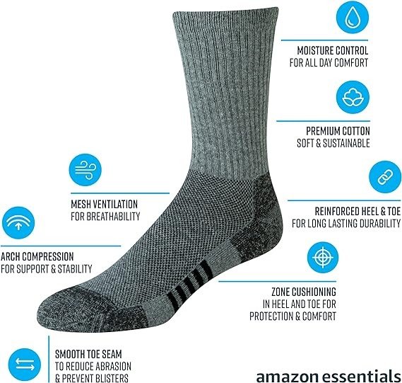 Amazon Essentials Men's Performance Cotton Cushioned Athletic Crew Socks, 6 Pairs