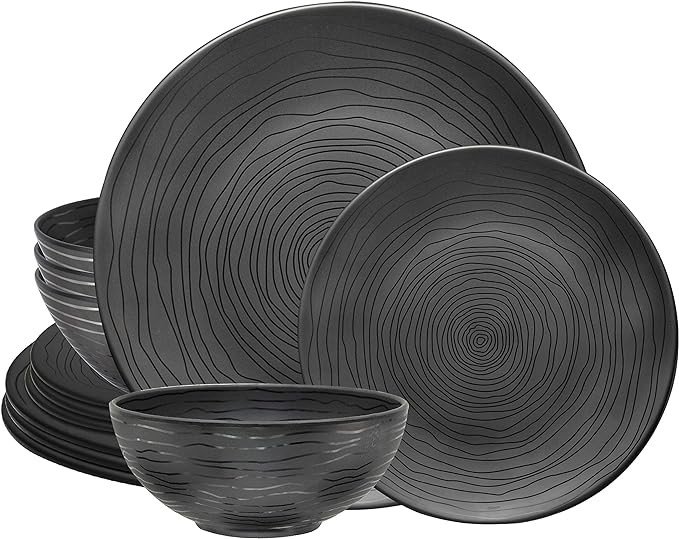 Bzyoo 12 Piece Melamine Dinnerware Set - Durable, Dishwasher Safe Organica Black Plates and Bowls Sets Casual Dish Set for Dining, Outdoor and Kitchen