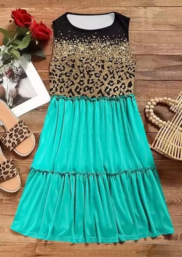 AIMITAG Leopard Color Block Ruffled Mini Dress Womens Casual Sleeveless Loose Flowy Swing Shift Dress Summer Boho Tank Dress
