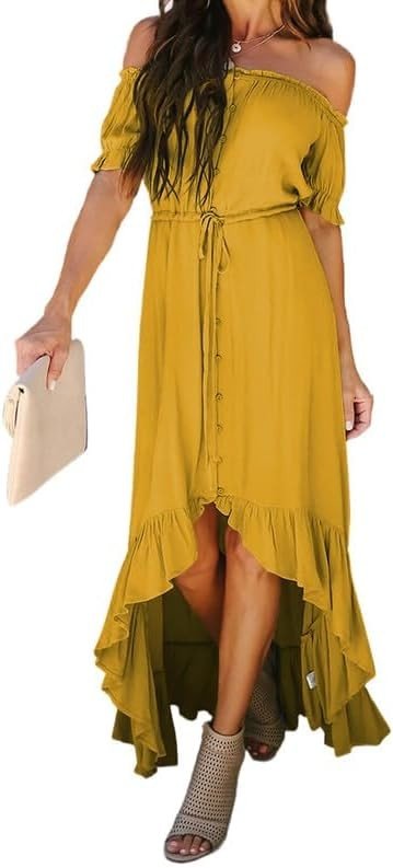Dokotoo Womens 2024 Off The Shoulder Casual Short Sleeve Maxi Dress High Low Solid Cocktail Skater Dresses