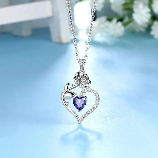 Beautlace 925 Sterling Silver Birthstone Necklace for Women,Rose Flower Heart Pendant Necklace Fine Jewelry Anniversary Birthday Christmas Gifts for her