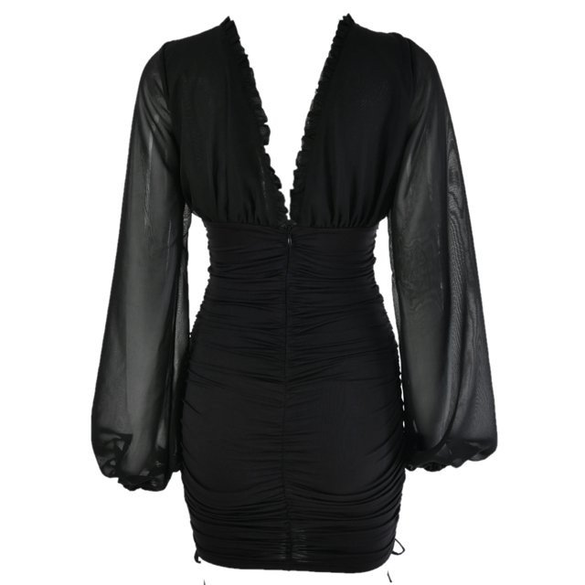 Pudcoco Women Long Sleeve Short Dress Solid Color V-neck Skinny Dress