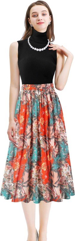 Kingfancy Women's Pleated Skirt Chiffon Elastic Waist A-Line Midi Length Skirt