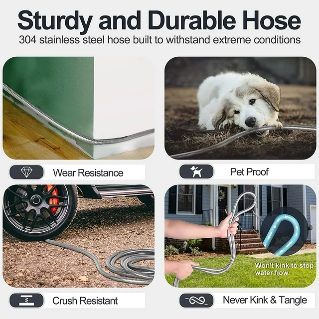 SPECILITE 50ft 304 Stainless Steel Metal Garden Hose, Heavy Duty Water Hoses with 2 Nozzles for Yard, Outdoor - Flexible, Never Kink & Tangle, Puncture Resistant