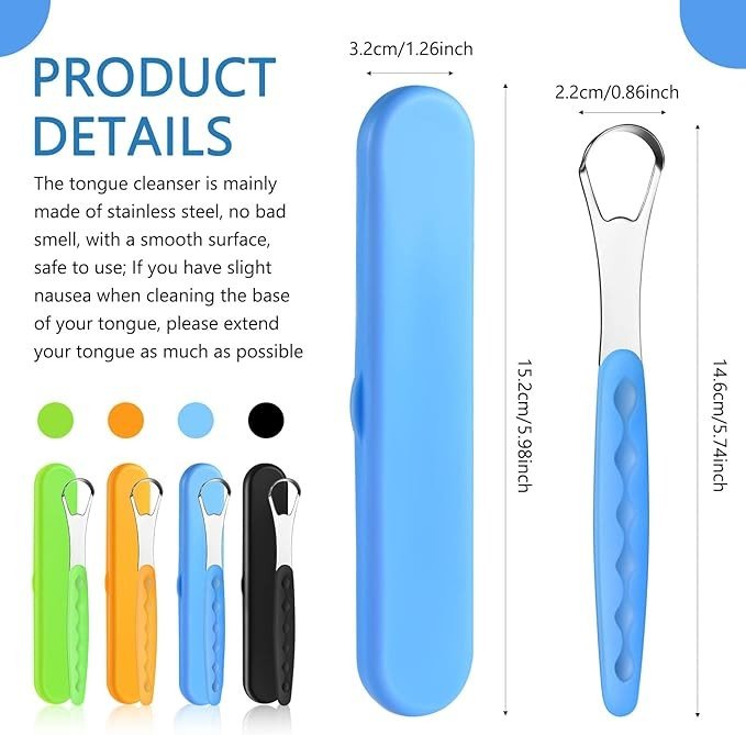 4 Pcs Tongue Scraper Cleaner Adults and Kids Stainless Steel Tongue Brush Metal Tongue Scraper Reduce Bad Breath with Travel Cases for Men Women Oral Mouth, Orange, Black, Green and Blue