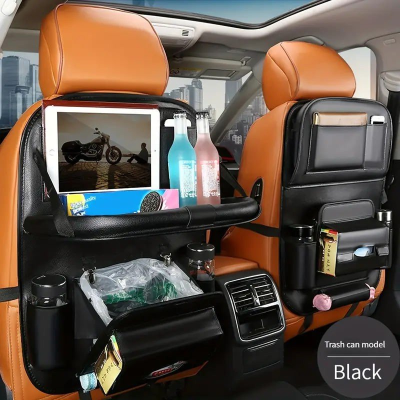 1pc Car Seat Back Faux Leather Luxury Storage Bag With Dining Tray Tissue Box Garbage Bag Hanging Bag Rear Seat Back Storage Bag