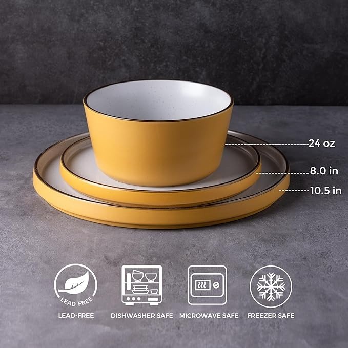 AmorArc Dinnerware Sets of 4, Modern Stoneware Plates and Bowls Sets,Chip and Crack Resistant | Dishwasher & Microwave Safe Ceramic Dishes Set,Service for 4 (12pc)-Speckled & Matte Yellow