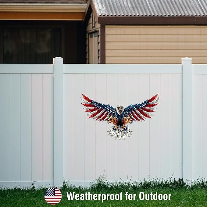 Tegik Bald Eagle Decor, American Flag Metal Wall Art, Patriotic Decorations for Mens Room Garage Outdoor, 16 Inch