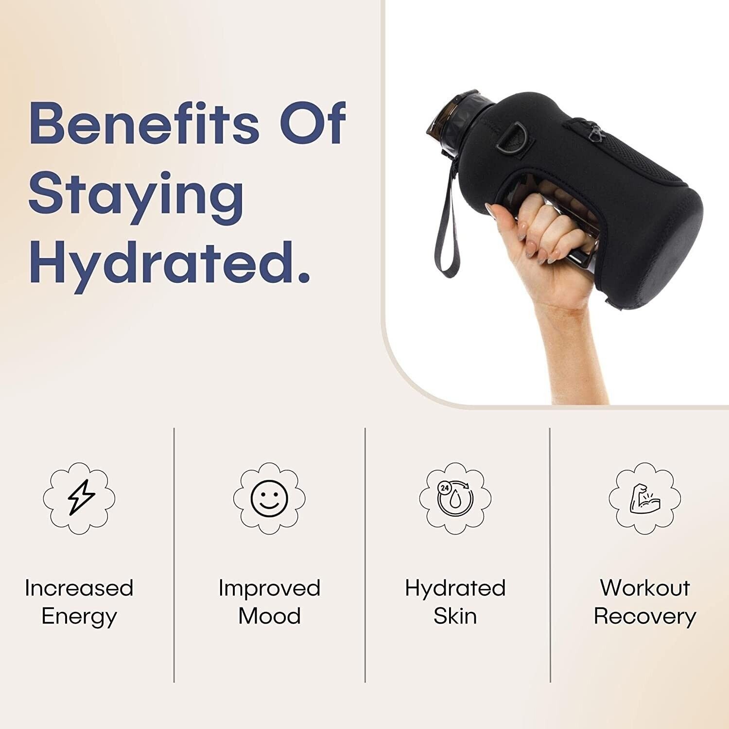 Half Gallon Water Bottle with Straw and Chug Lid-2.2L Gym Water Jug, Abyss Black