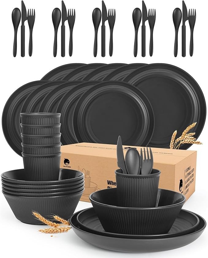42 Pieces Wheat Straw Dinnerware Set - OAMCEG Plastic Dinner Set for 6, Kitchen Plates and Bowls Set, College Dorm Microwave Dishes, Unbreakable Plastic Outdoor Camping Dishes, Black