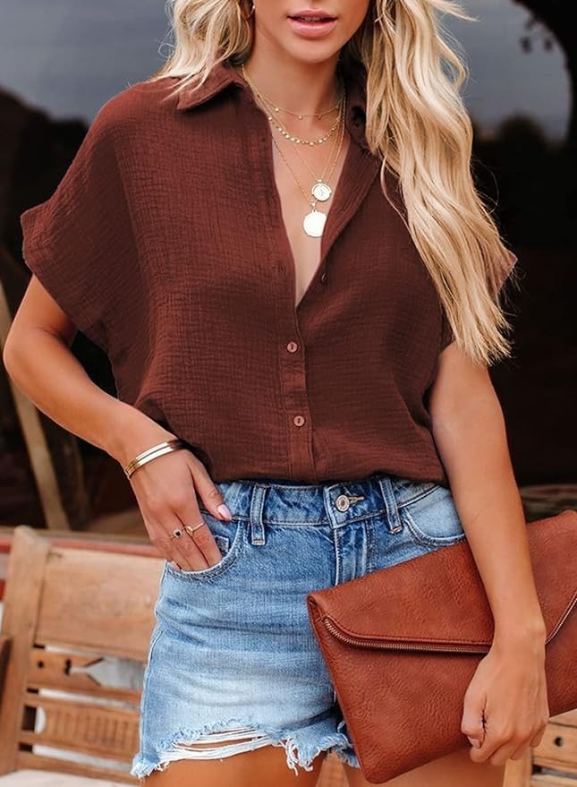 Dokotoo Casual V Neck Button Down Shirts for Women Solid Short Sleeve Blouse Tops