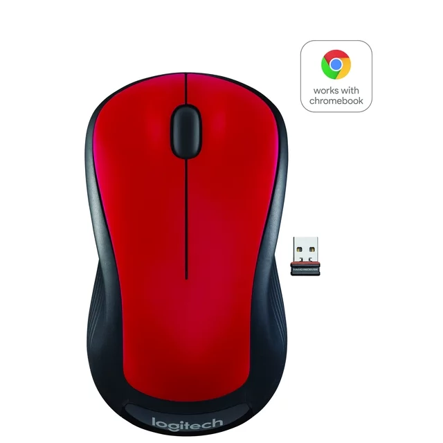 Logitech Full-Size Wireless Mouse, USB Nano Receiver, 1000 DPI Optical Tracking, Ambidextrous, Red