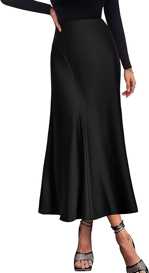 PRETTYGARDEN Women's Satin Midi Skirts 2024 Summer High Waisted A Line Elegant Cocktail Party Long Silk Skirt