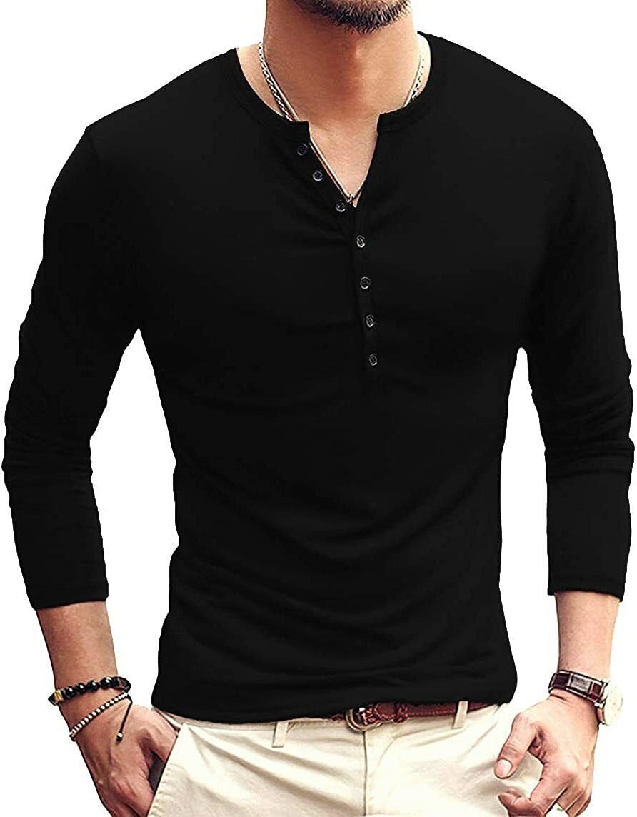 Mens Casual Slim Fit Basic Henley Long Sleeve Fashion T-Shirt