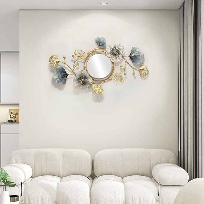 Hoernflk Metal Decorative Wall Mirrors for Living Room,Large Metal Wall Mirrors Ginkgo Leaf Wall Decor Mirror for Entrance Bedroom Living Room,83 * 48cm