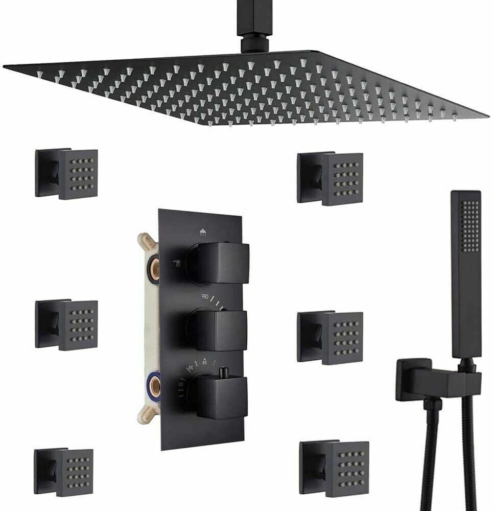 Luxury Black Thermostatic Rainfall Shower Head Combo Set Massage System Sprayer