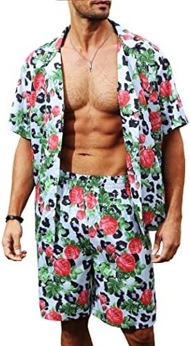 LUCKYOUNG Men's Hawaiian Shirt and Short Set 2 Piece Short Sleeve Button Down Shirt Beach Vacation Outfits for Men Suit Sets