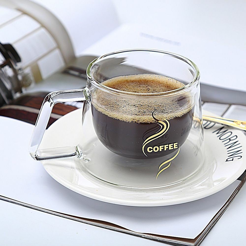 Double Wall Insulated Double Glass Cup with Handle Breakfast Mug Coffee Tea Cup