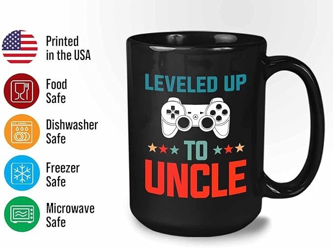 Uncle Coffee Mug - Leveled Up to Uncle - Vintage Fun Unique Gamer Gaming Video Games Father's Day from Aunt Nephew Niece 15oz Black