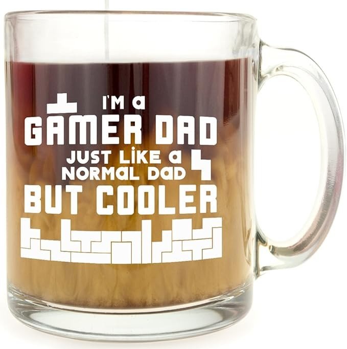 Make Em Laugh I'm a Gamer Dad, Just Like a Normal Dad But Cooler - Gaming Glass Coffee and Tea Mug - Best Cup Gift for Video Game Lover and Father's Day, 13oz White Gift Box Included