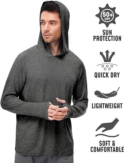 Mens UPF 50+ Sun Protection Hoodie Shirt Long Sleeve Rash Guard Fishing Outdoor Running Lightweight Quick Dry
