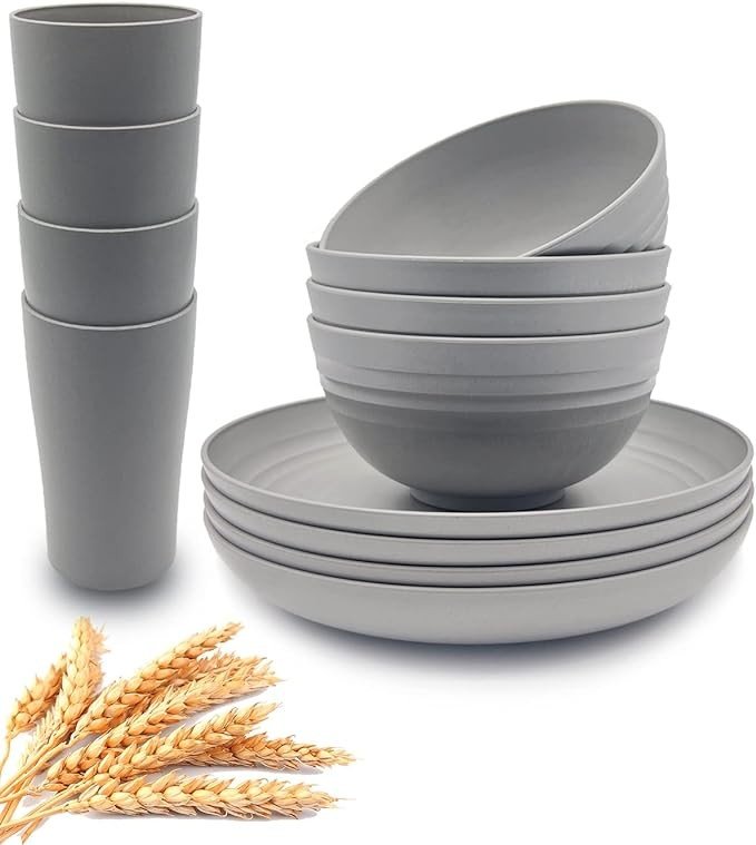 KITWILD Wheat Straw Dinnerware Sets, 12-Piece Lightweight Plastic Dinnerware Set with 8.9 Inch Unbreakable Plates, Bowl Set and Cup Set, BPA free, Dishwasher & Microwave Safe, Service for 4 - Grey