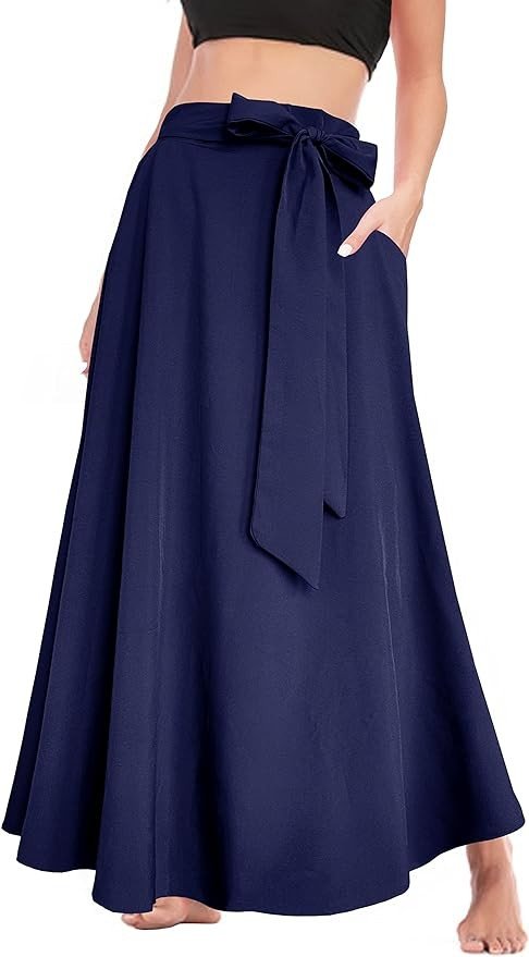 Afibi Women's High Waist Skirt Tie Front A-Line Flowy Long Maxi Skirts with Pockets