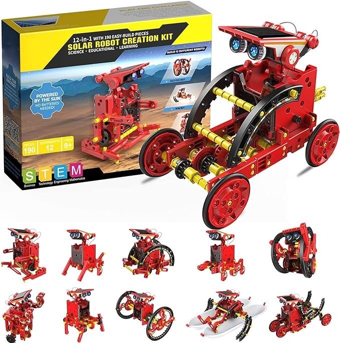 Solar Robots Toy, 190 Pcs Stem Science Project Kit 12 in 1, Kids Educational Science Experiments Building Robotics Kit for Boy and Girls Aged 8-12, Creation Solar Powered Engine Assembly Robot Kit