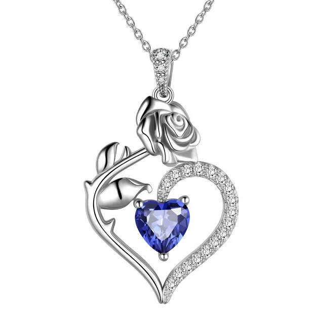Beautlace 925 Sterling Silver Birthstone Necklace for Women,Rose Flower Heart Pendant Necklace Fine Jewelry Anniversary Birthday Christmas Gifts for her