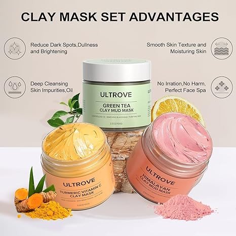 Ultrove 3 Pcs Clay Mask Set, Green Tea, Turmeric Vitamin C, Himalayan Clay Mask, Facial Skin Care Mask for Deep Cleansing, Soothing & Refining Pores(3.5oz each)
